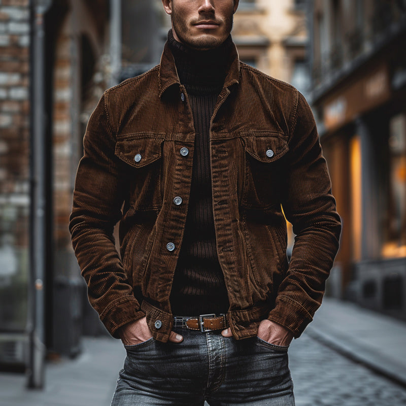 "Stilvolle Vintage Cord Herrenjacke, Einreiher, in Armeegrün und Blau, perfekt für Business-Casual Outfits."