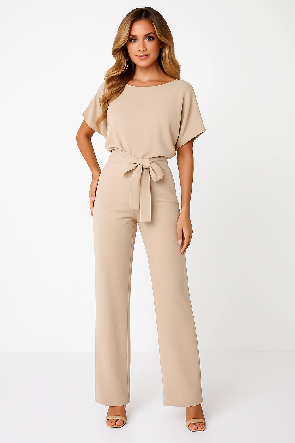 Stilvoller Damen-Jumpsuit mit Krawatten-Gürtel, fließendem Stoff, schmeichelhafter Passform, ideal für alle Anlässe.