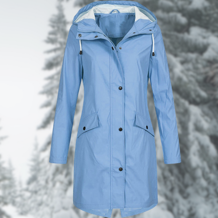 Stilvoller, wasserdichter Damen-Regenmantel mit verstellbarer Kapuze, trendigem Design und ideal für nasses Wetter.