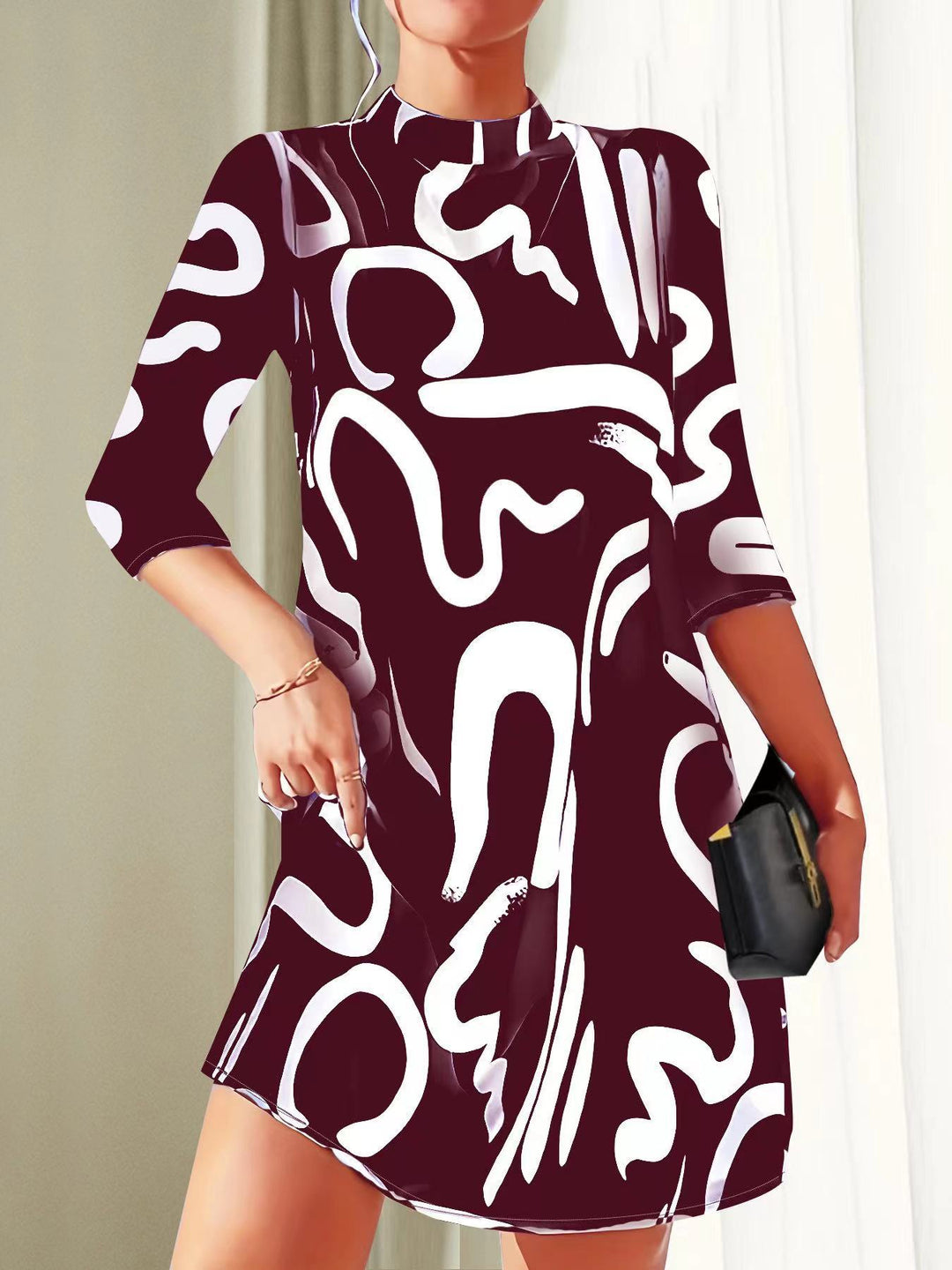 Stilvolles Alanna Kleid, knielang, mit Herbstdruck und elegantem Kragenausschnitt, in Weiß, ideal für Herbstmode.