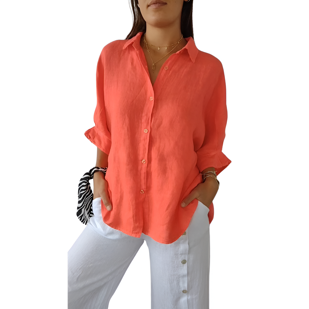 Stilvolles Damen Leinenhemd in Beige, leicht und elegant, perfekt für den Sommer, aus Leinen-Baumwollmix gefertigt.