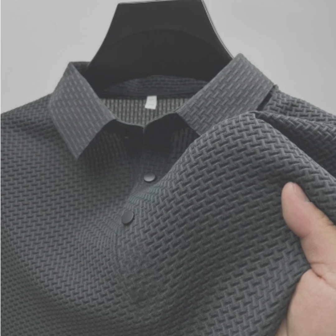 "Strukturiertes Poloshirt Herren, atmungsaktiv, modernes Design, elegant, in Blau, Grau, Khaki, Schwarz, Weiß erhältlich."