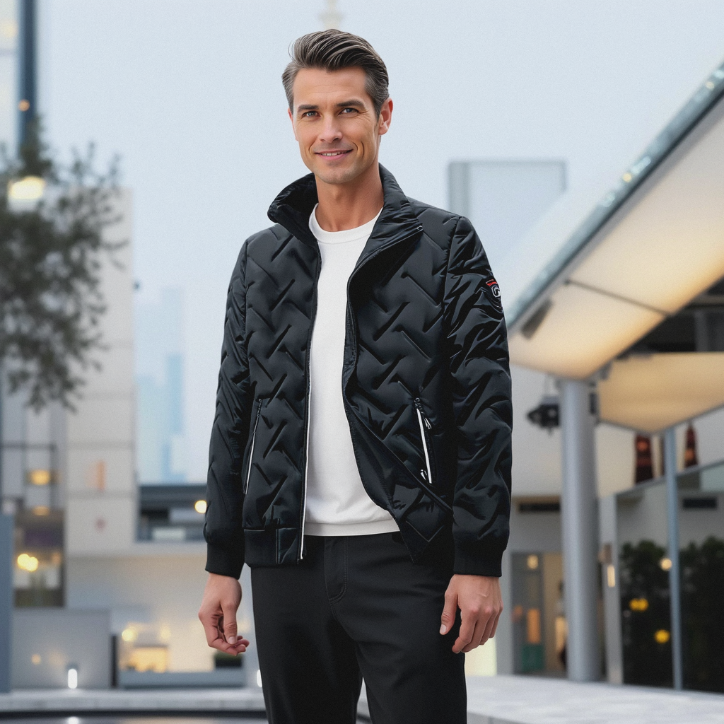 "Stylische Herrenjacke in Schwarz, perfekt für Wintermode, warm und modern geschnitten, erhältlich in Grau und Grün."