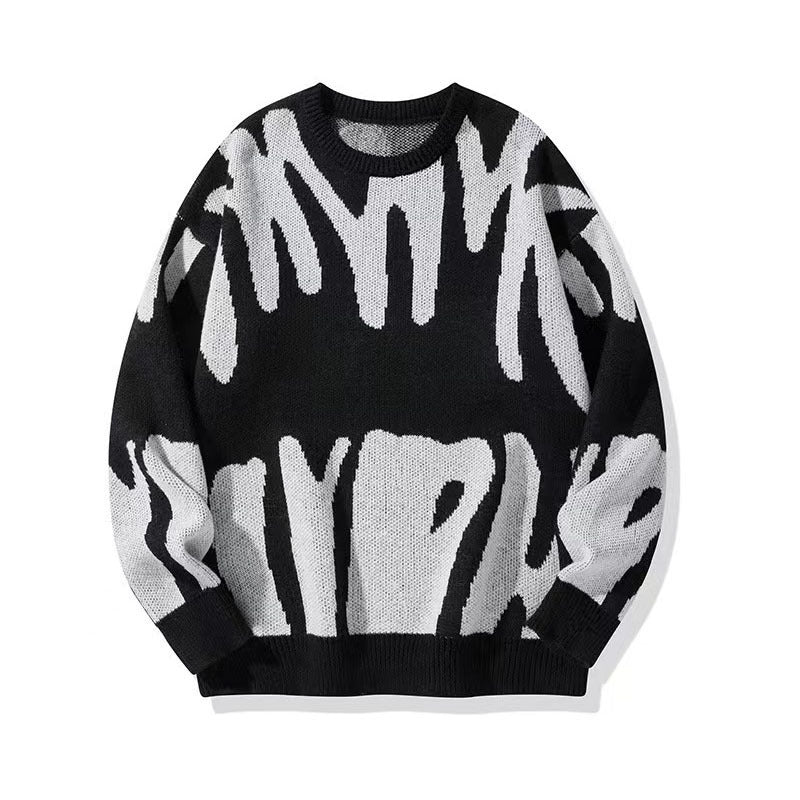 Stylischer Grafik-Strickpullover für Herren in Grau, Schwarz und Weiß, bequemes Material mit einzigartigem Muster.