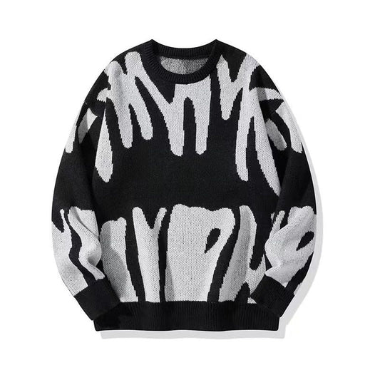 Stylischer Grafik-Strickpullover für Herren in Grau, Schwarz und Weiß, bequemes Material mit einzigartigem Muster.