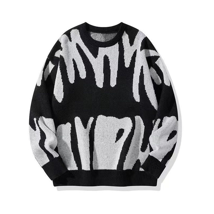 Stylischer Grafik-Strickpullover für Herren in Grau, Schwarz und Weiß, bequemes Material mit einzigartigem Muster.