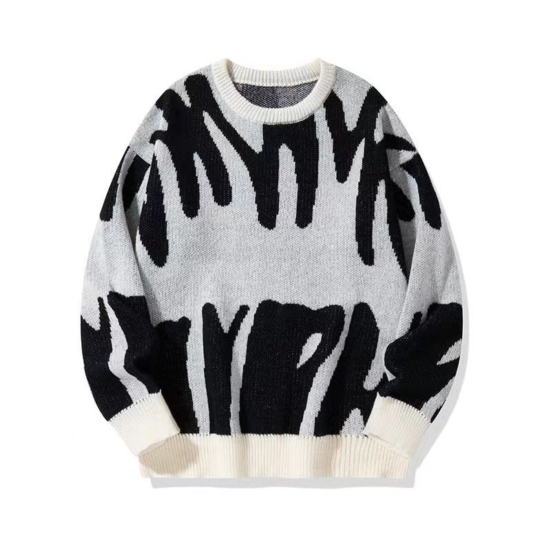 Stylischer Grafik-Strickpullover für Herren in Grau, Schwarz und Weiß, bequemes Material mit einzigartigem Muster.