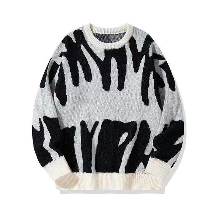 Stylischer Grafik-Strickpullover für Herren in Grau, Schwarz und Weiß, bequemes Material mit einzigartigem Muster.