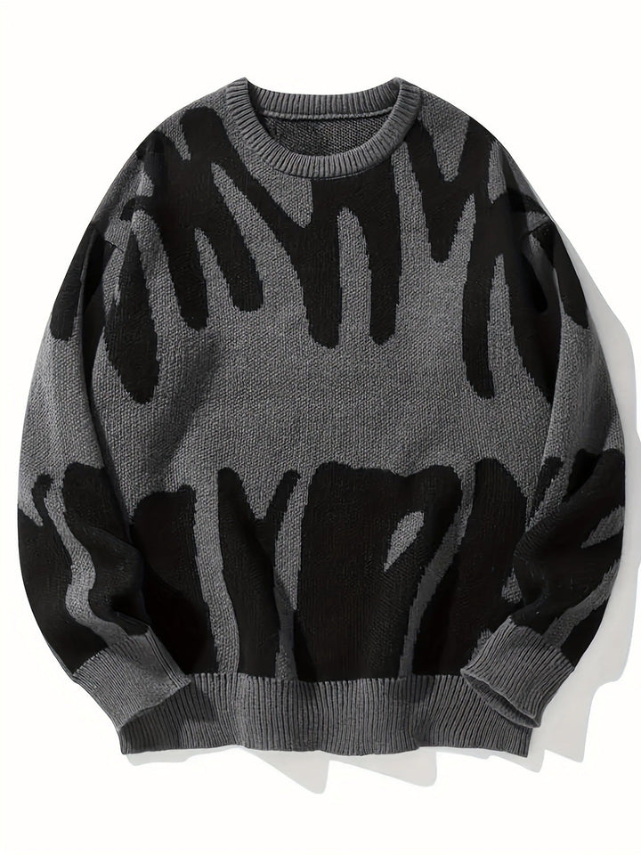 Stylischer Grafik-Strickpullover für Herren in Grau, Schwarz und Weiß, bequemes Material mit einzigartigem Muster.