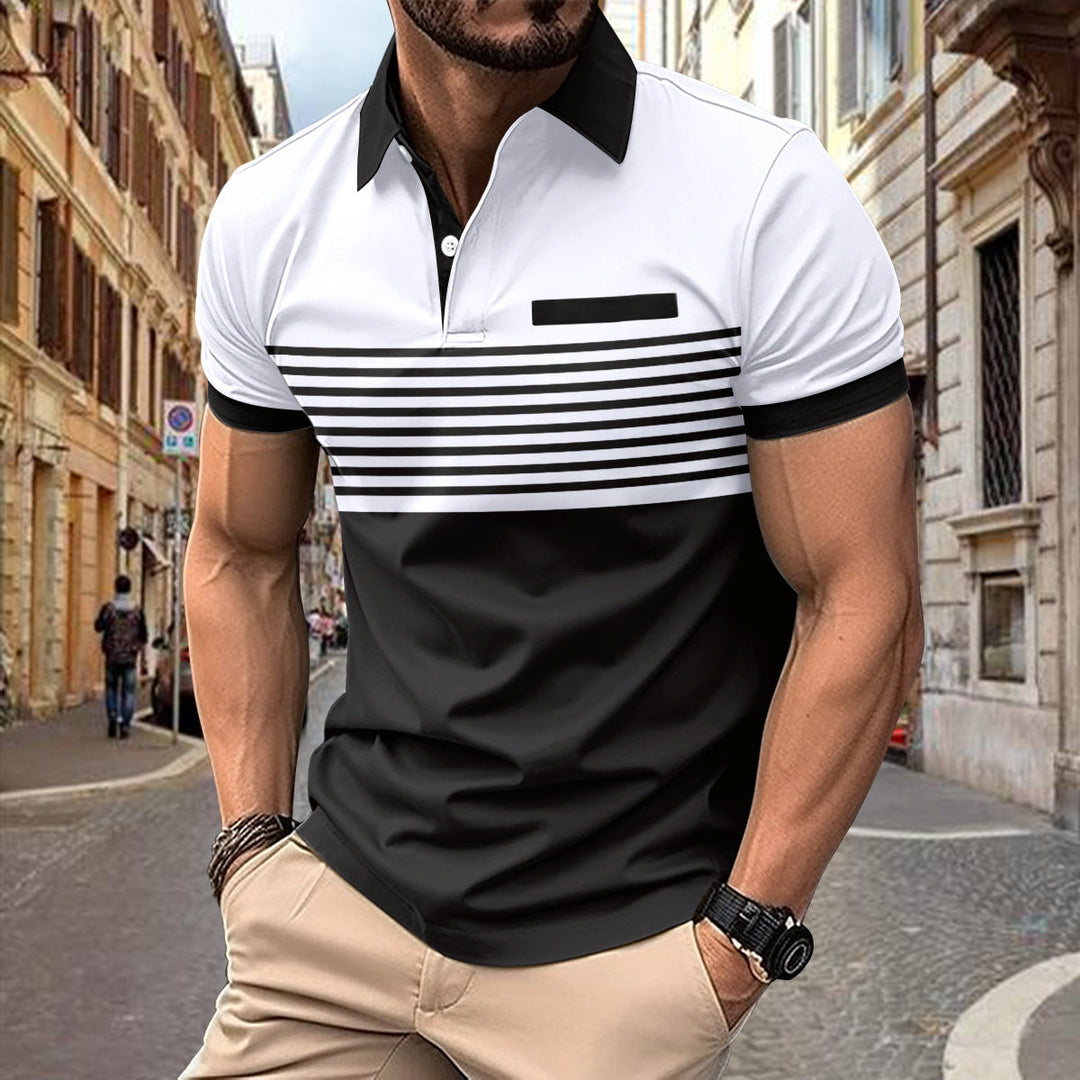 "Stylisches Herren-Polohemd, modernes Design, navyblau, kurzärmelig, atmungsaktiv, ideal für Büro und Freizeit."