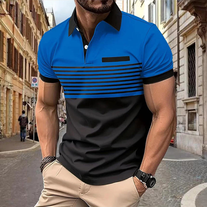 "Stylisches Herren-Polohemd, modernes Design, navyblau, kurzärmelig, atmungsaktiv, ideal für Büro und Freizeit."