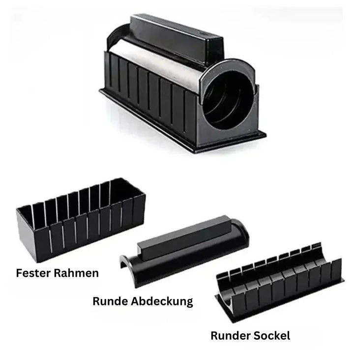 "Sushi Rollen Set aus Holz und Kunststoff, ideal für Anfänger, umfasst Schablonen und Schneidwerkzeuge für perfekte Sushi."