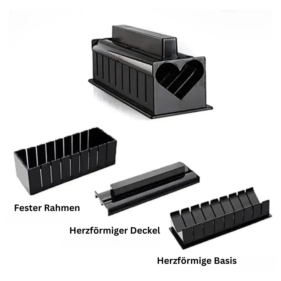 "Sushi Rollen Set aus Holz und Kunststoff, ideal für Anfänger, umfasst Schablonen und Schneidwerkzeuge für perfekte Sushi."