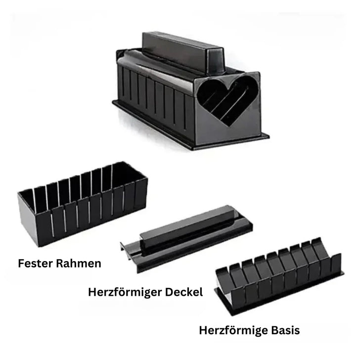 "Sushi Rollen Set aus Holz und Kunststoff, ideal für Anfänger, umfasst Schablonen und Schneidwerkzeuge für perfekte Sushi."