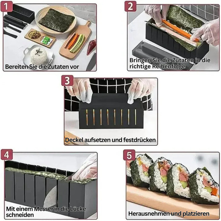 "Sushi Rollen Set aus Holz und Kunststoff, ideal für Anfänger, umfasst Schablonen und Schneidwerkzeuge für perfekte Sushi."