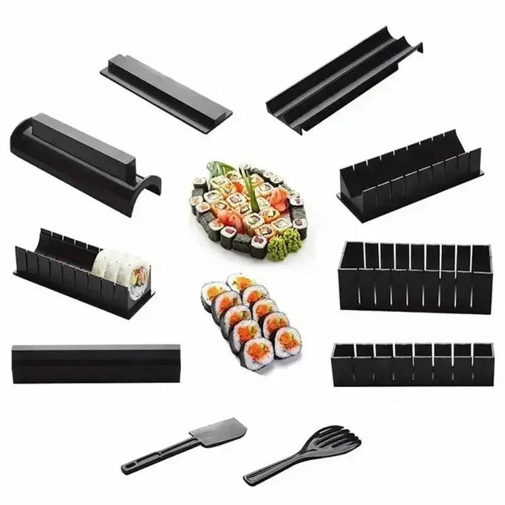 "Sushi Rollen Set aus Holz und Kunststoff, ideal für Anfänger, umfasst Schablonen und Schneidwerkzeuge für perfekte Sushi."