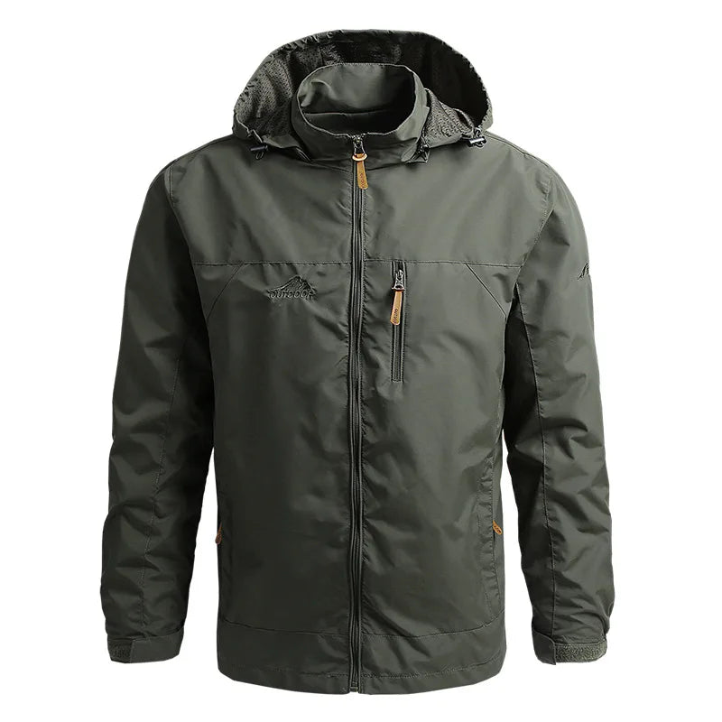 "Taktische wasserdichte Herrenjacke, robustes Design, abnehmbare Kapuze, atmungsaktiv, ideal für Outdoor-Abenteuer."