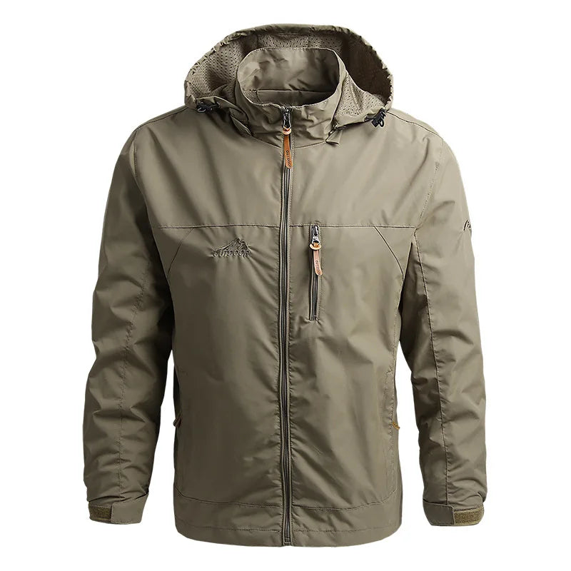 "Taktische wasserdichte Herrenjacke, robustes Design, abnehmbare Kapuze, atmungsaktiv, ideal für Outdoor-Abenteuer."