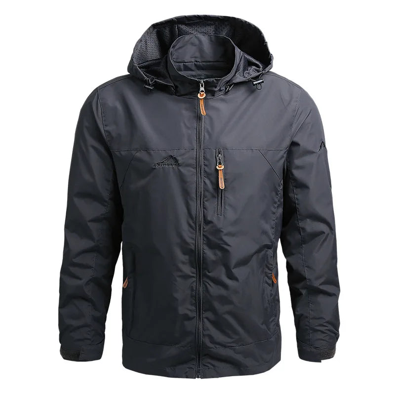 "Taktische wasserdichte Herrenjacke, robustes Design, abnehmbare Kapuze, atmungsaktiv, ideal für Outdoor-Abenteuer."