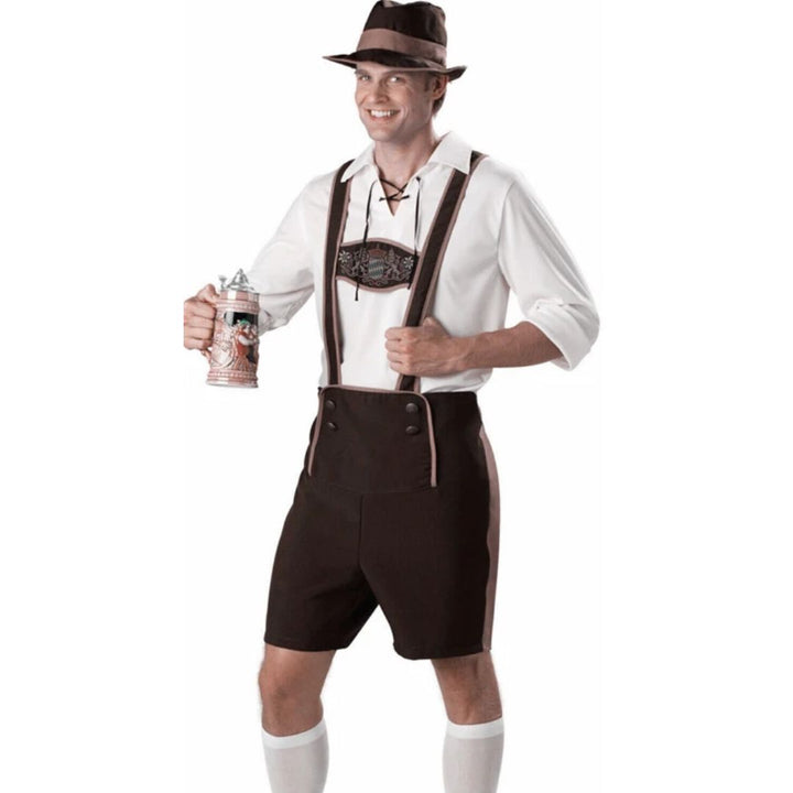 "Traditionelle Herren-Lederhose, Vorderansicht, braun, inspiriert von bayerischer Trachtenmode, Oktoberfest-tauglich"