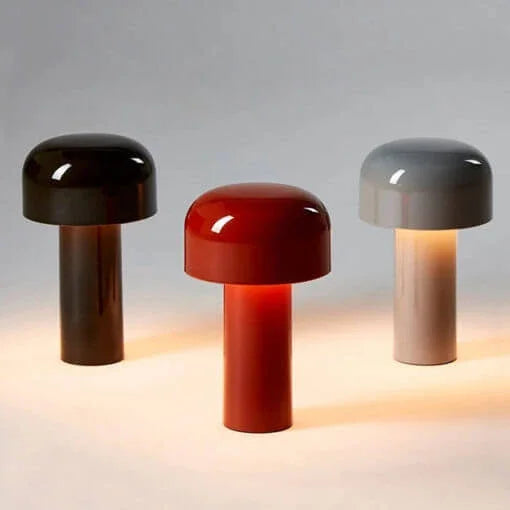 "Tragbare LED Tischlampe in Pilzform mit dreifarbiger Dimmfunktion, moderne Ästhetik, ideal für stilvolle Beleuchtung."