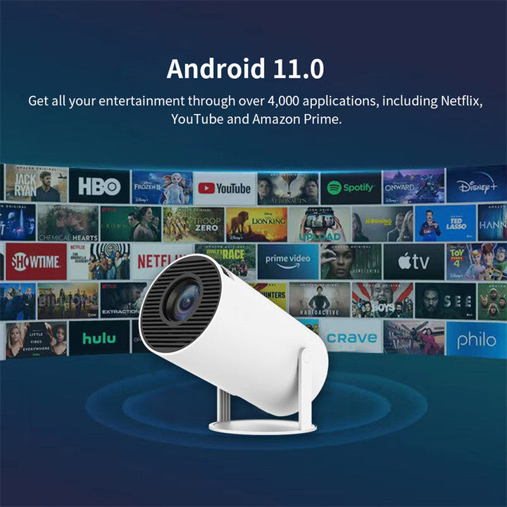 Tragbarer 4K Smart Beamer, weiß, mit WiFi & Bluetooth, 180 Grad Projektion, kompakt, ideal für Heimkino und unterwegs.