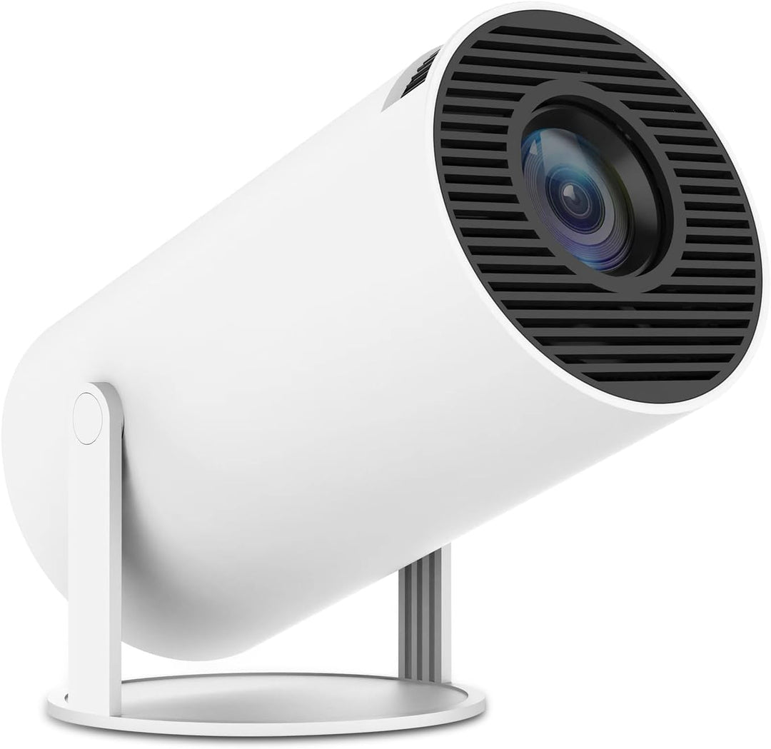 Tragbarer 4K Smart Beamer, weiß, mit WiFi & Bluetooth, 180 Grad Projektion, kompakt, ideal für Heimkino und unterwegs.