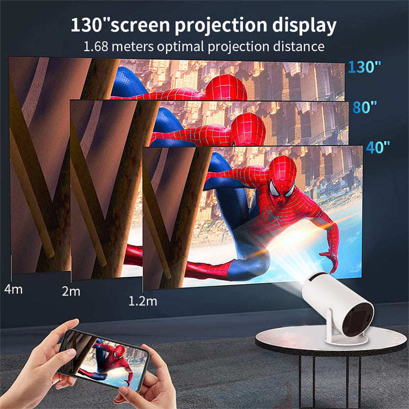 Tragbarer 4K Smart Beamer, weiß, mit WiFi & Bluetooth, 180 Grad Projektion, kompakt, ideal für Heimkino und unterwegs.