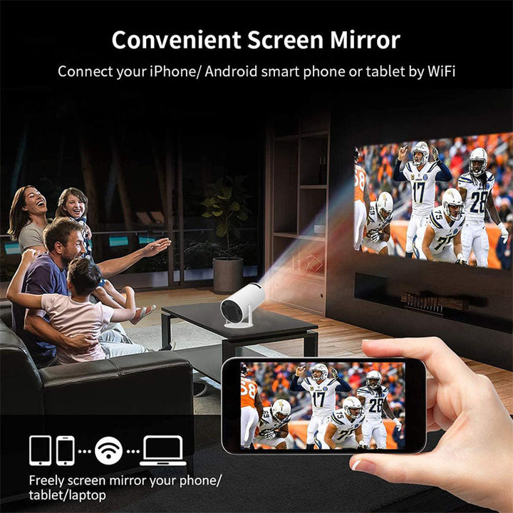 Tragbarer 4K Smart Beamer, weiß, mit WiFi & Bluetooth, 180 Grad Projektion, kompakt, ideal für Heimkino und unterwegs.