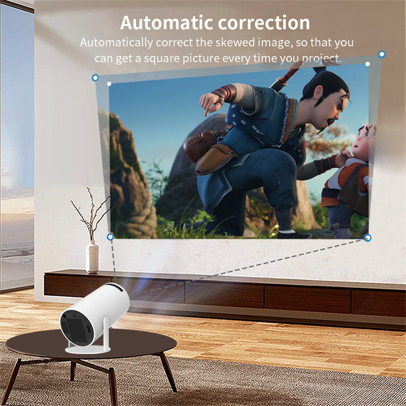 Tragbarer 4K Smart Beamer, weiß, mit WiFi & Bluetooth, 180 Grad Projektion, kompakt, ideal für Heimkino und unterwegs.