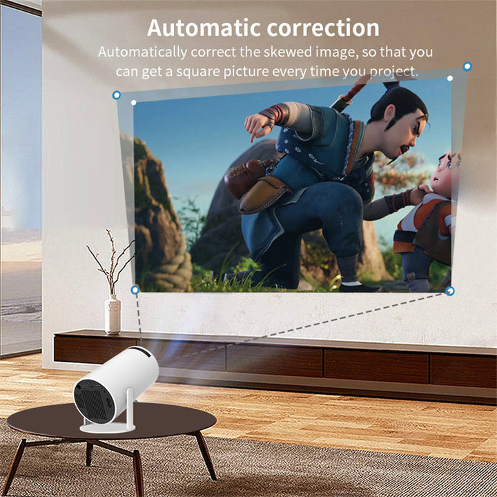 Tragbarer 4K Smart Beamer, weiß, mit WiFi & Bluetooth, 180 Grad Projektion, kompakt, ideal für Heimkino und unterwegs.