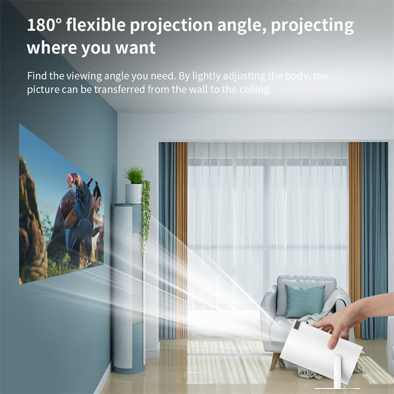 Tragbarer 4K Smart Beamer, weiß, mit WiFi & Bluetooth, 180 Grad Projektion, kompakt, ideal für Heimkino und unterwegs.