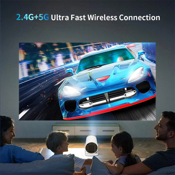 Tragbarer 4K Smart Beamer, weiß, mit WiFi & Bluetooth, 180 Grad Projektion, kompakt, ideal für Heimkino und unterwegs.