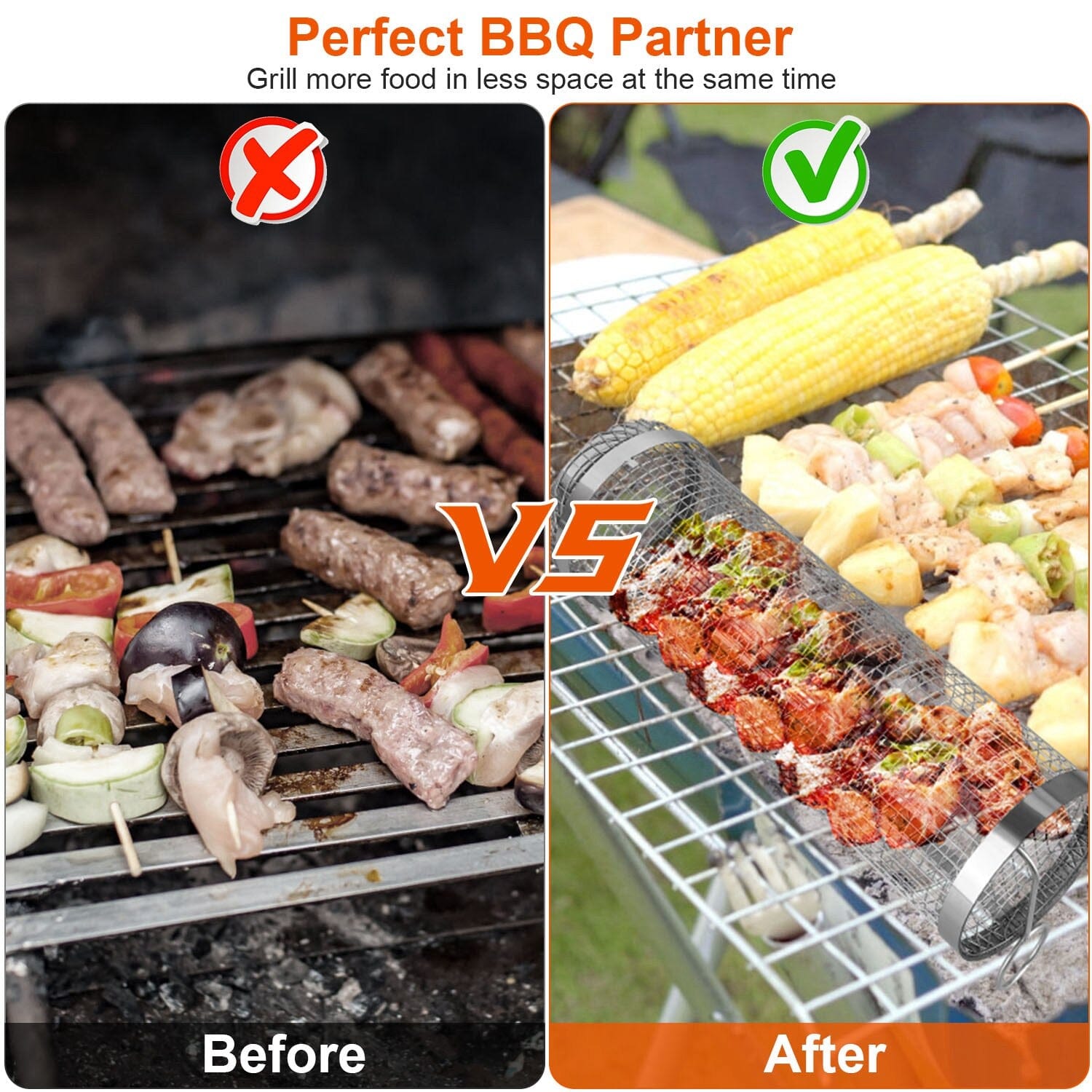 "Tragbarer Edelstahl-Grillkorb mit abgerundeten Kanten, ideal für Gemüse und Grillgut, spülmaschinenfest."