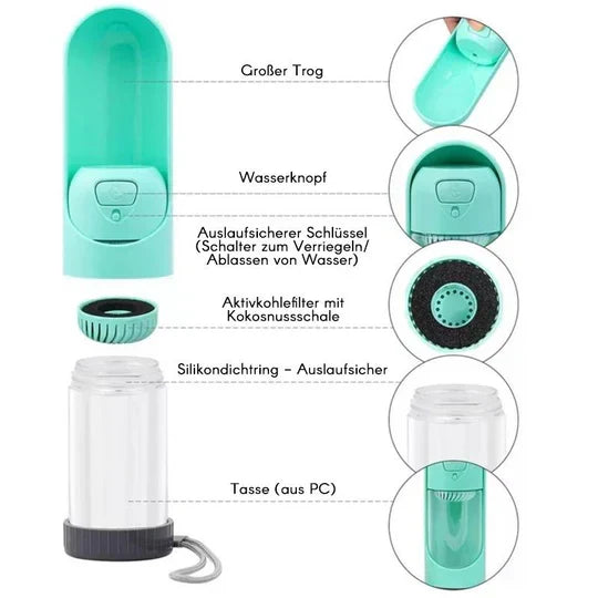 "Tragbarer Haustier-Wasserspender mit Filter, Einhandgriff, kompakt, ideal für Spaziergänge und Reisen, spritzwassergeschützt