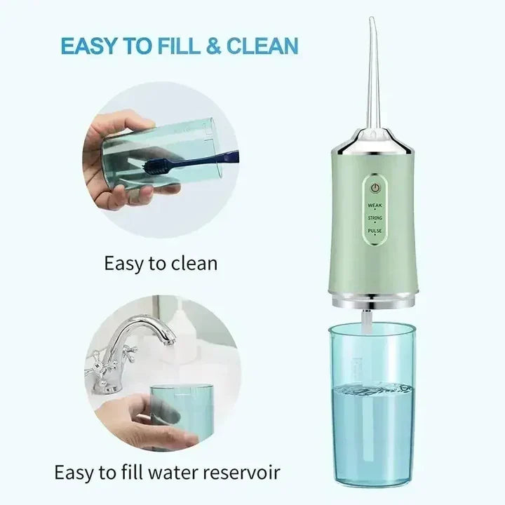 "Tragbarer, kabelloser Wasserzahnreiniger im Einsatz mit 360° Drehdüsen und drei Reinigungsmodi für effektive Mundpflege."