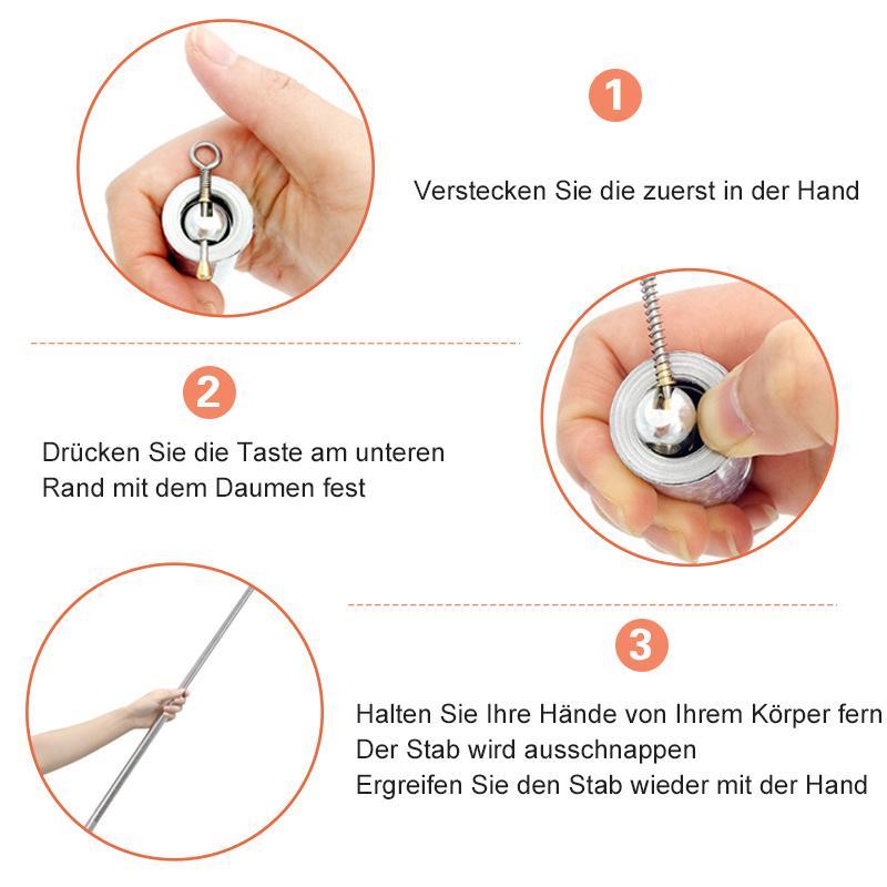 "Tragbarer, vielseitiger Metallstab in kompakter Form, ideal für Selbstverteidigung und magische Effekte, silbern."