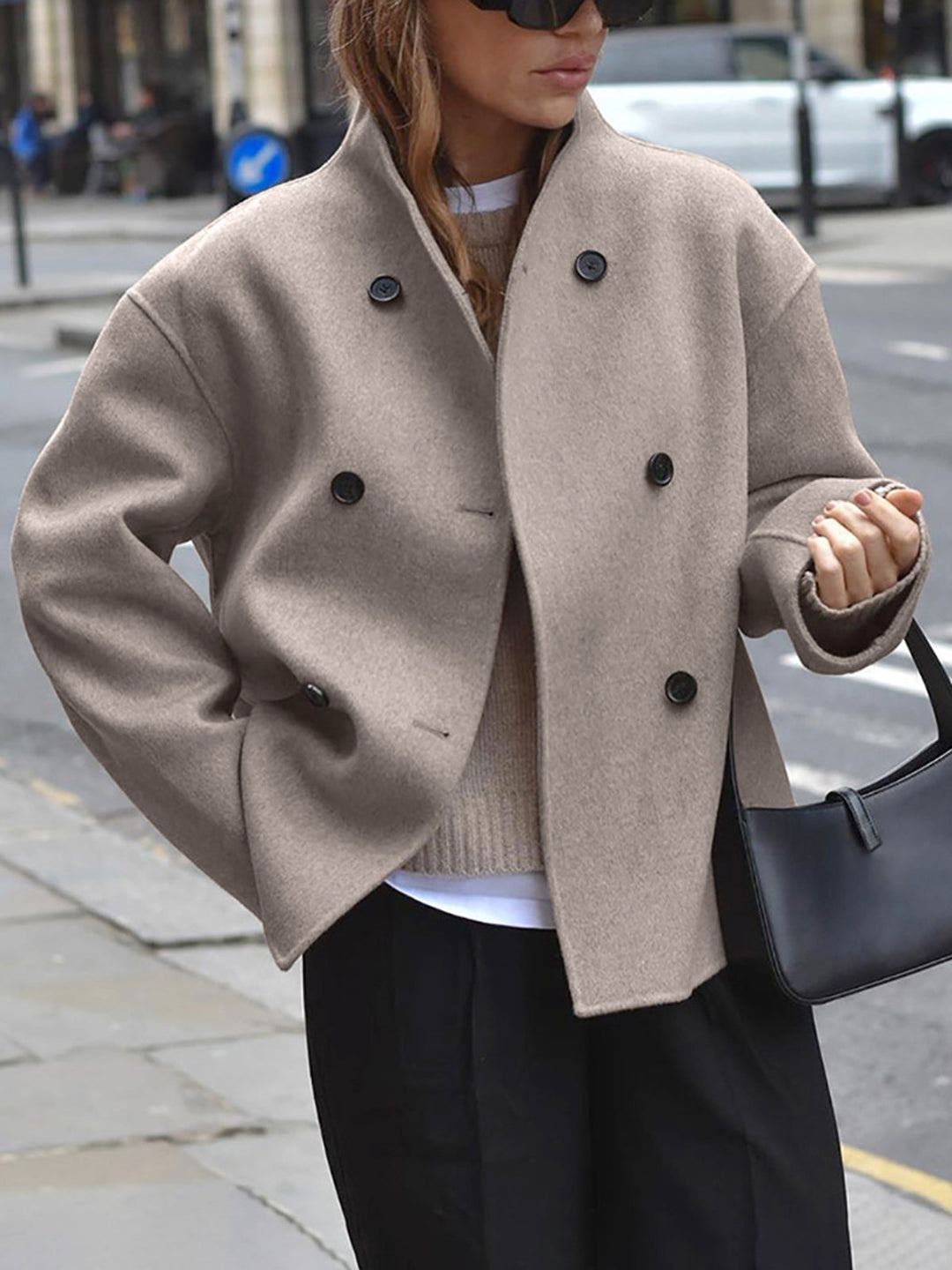 "Trendige Damen Jacke mit Knopfverschluss, graues Design, elegante gerade Linienführung, vielseitig kombinierbar, Größe L."