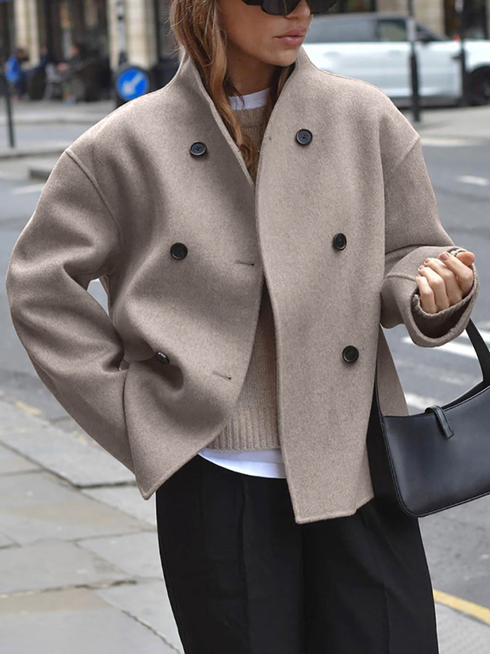 "Trendige Damen Jacke mit Knopfverschluss, graues Design, elegante gerade Linienführung, vielseitig kombinierbar, Größe L."