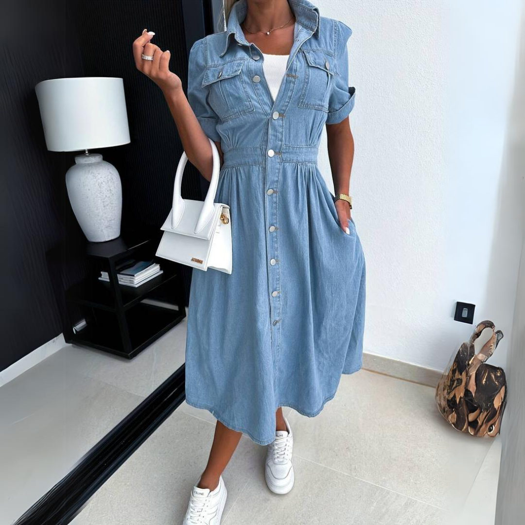 Trendy, nachhaltiges Denimkleid für Damen, Vorderseite; lässiger Schnitt, zeitloser Stil für Alltag und Anlässe.
