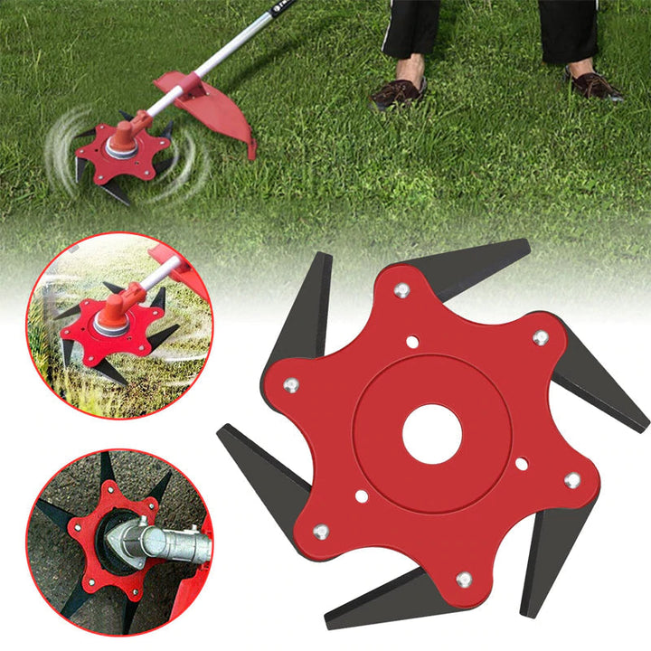 "Trimmerkopf aus Manganstahl mit 6 scharfen Klingen, ideal zum Schneiden von Gras, Ästen und Unkraut im Garten."