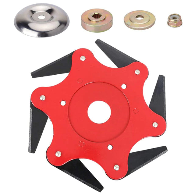 "Trimmerkopf mit 6 Klingen, ideal für starkes Trimmen von Gras und Unkraut, aus robustem Manganstahl gefertigt."