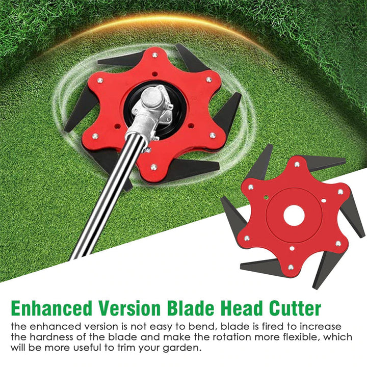 "Trimmerkopf mit 6 Klingen, ideal für starkes Trimmen von Gras und Unkraut, aus robustem Manganstahl gefertigt."