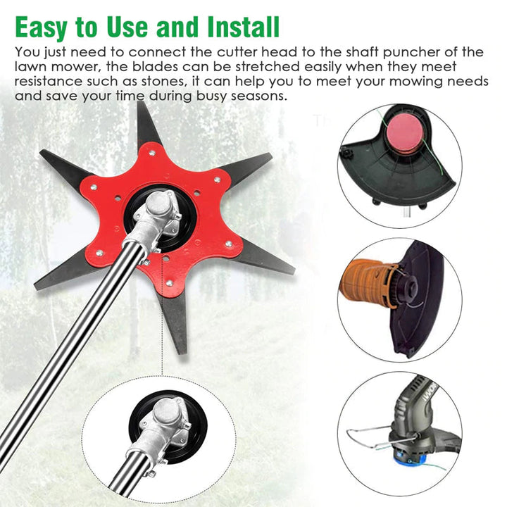 "Trimmerkopf mit 6 Klingen, ideal für starkes Trimmen von Gras und Unkraut, aus robustem Manganstahl gefertigt."