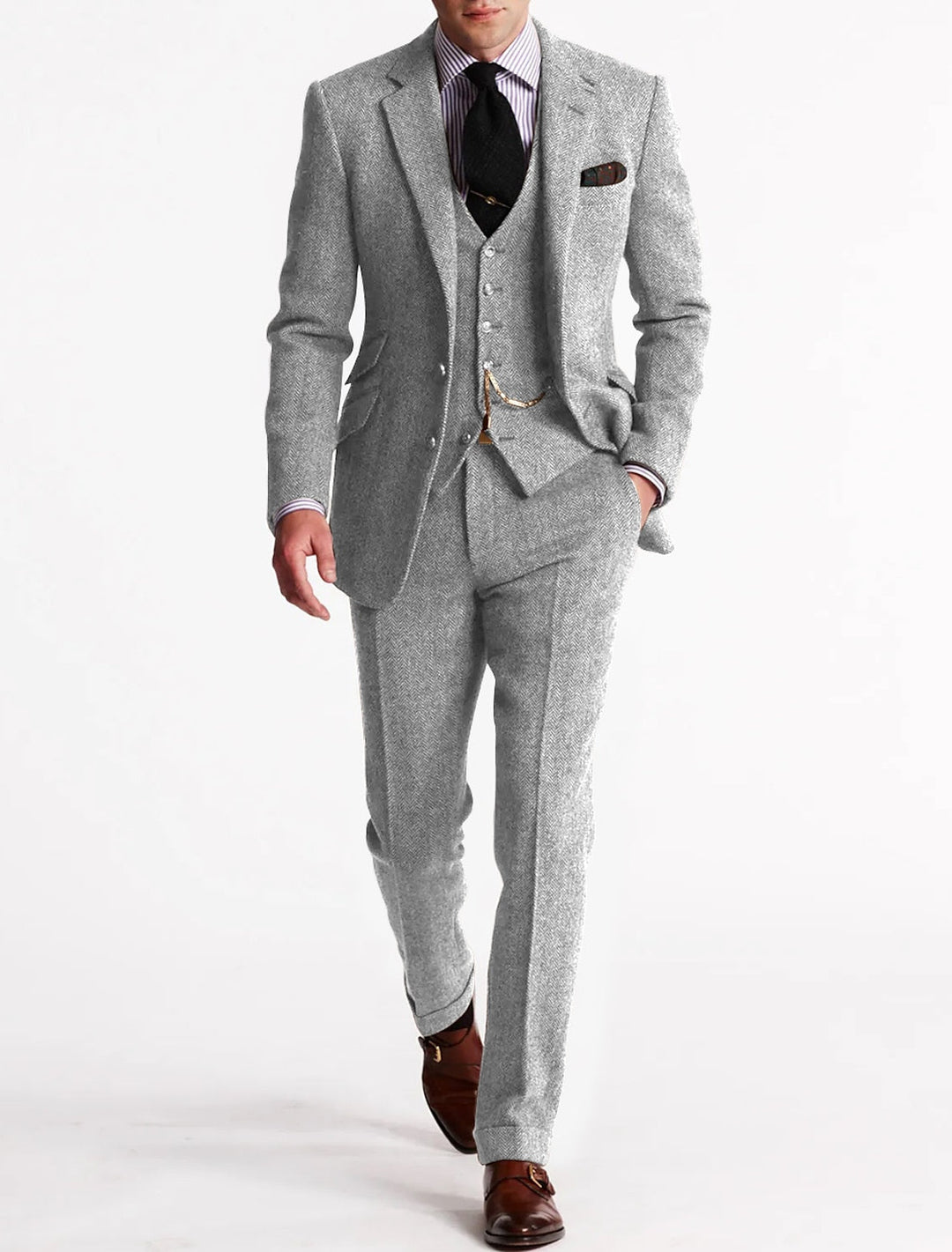"Tweed Smoking Anzug Herren, dreiteilig, klassisch, elegant, graues Tweedmuster für formelle Anlässe, zeitlos und stilvoll"