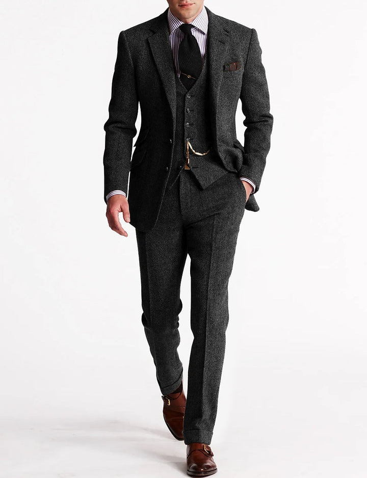 "Tweed Smoking Anzug Herren, dreiteilig, klassisch, elegant, graues Tweedmuster für formelle Anlässe, zeitlos und stilvoll"