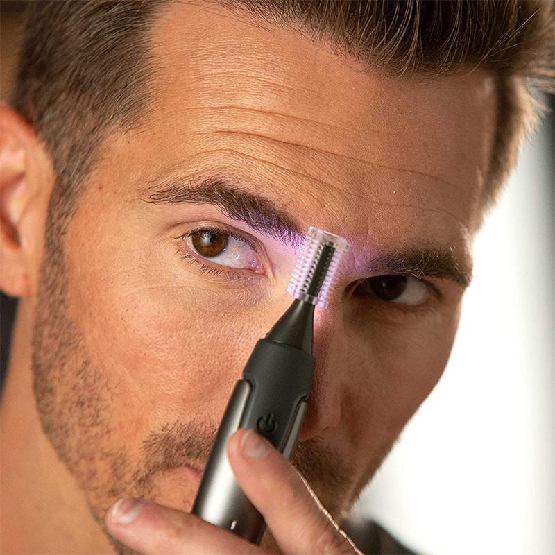 "Ultradünner grauer Präzisionstrimmer für Gesicht mit kabellosem Design, Titanbeschichtung und LED-Licht, ideal für Reisen."