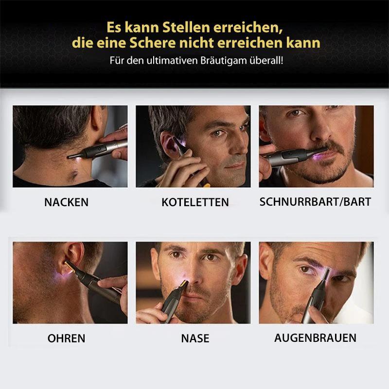 "Ultradünner grauer Präzisionstrimmer für Gesicht mit kabellosem Design, Titanbeschichtung und LED-Licht, ideal für Reisen."