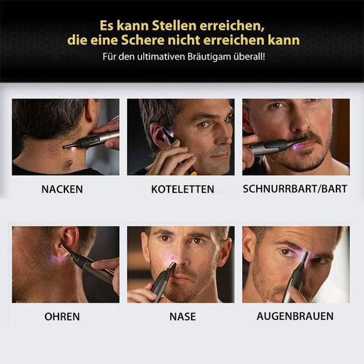 "Ultradünner grauer Präzisionstrimmer für Gesicht mit kabellosem Design, Titanbeschichtung und LED-Licht, ideal für Reisen."