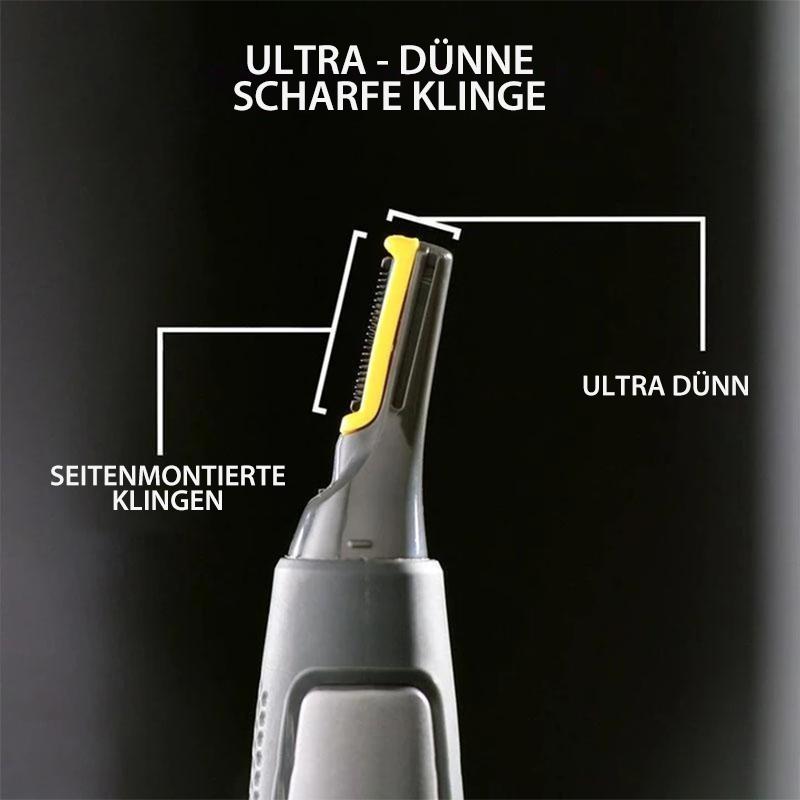 "Ultradünner Präzisionstrimmer mit titaniumbeschichteten Klingen, ergonomischem Griff und LED, ideal für Gesichtsbehaarung"